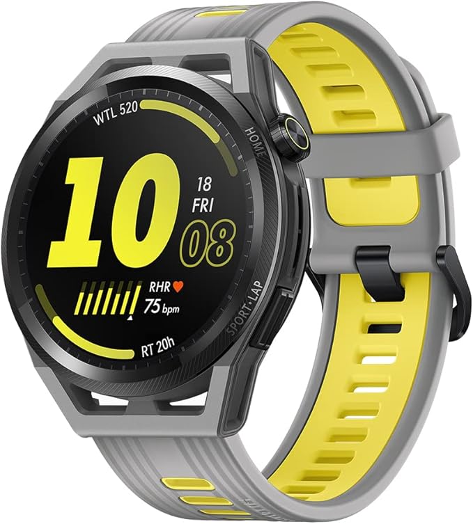 Huawei Watch GT Runner con carcasa gris y correa deportiva gris/amarilla, pantalla AMOLED mostrando hora 10:08, fecha viernes 18, ritmo cardíaco 75 bpm y tiempo restante de entrenamiento 20h