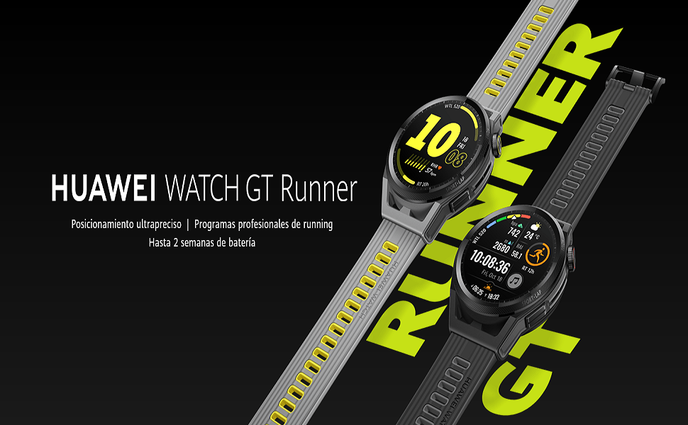 Imagen promocional del Huawei Watch GT Runner mostrando dos relojes con correas gris y negro, pantallas con métricas de running, texto destacando posicionamiento ultrapreciso y 2 semanas de batería sobre fondo negro con detalles en amarillo neón
