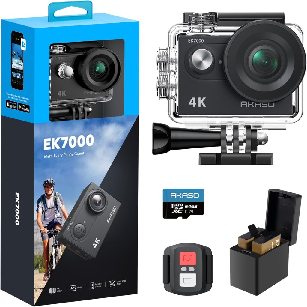 Cámara deportiva AKASO EK7000 4K con carcasa sumergible transparente, control remoto inalámbrico, tarjeta microSD 64GB y cargador de baterías dual, ideal para grabación de entrenamientos y deportes al aire libre