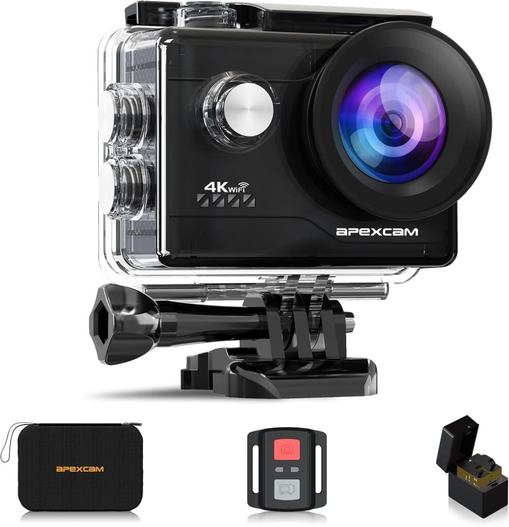 Cámara deportiva Apexcam 4K WiFi negra con lente gran angular y carcasa sumergible transparente, incluye funda de transporte, control remoto y cargador de batería, ideal para grabar entrenamientos y actividades deportivas al aire libre