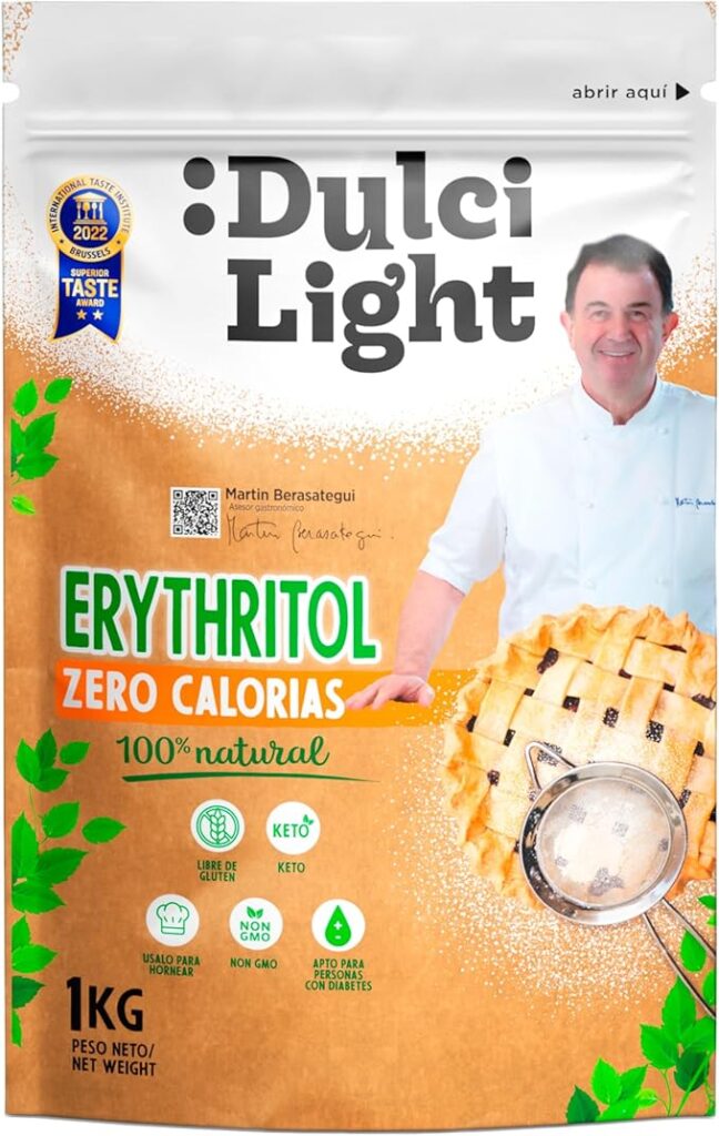 Paquete de eritritol Dulcilight de 1kg con cero calorías, edulcorante natural 100% keto, libre de gluten, apto para diabéticos y repostería, certificado NON-GMO, con premio Superior Taste Award y sello de calidad
