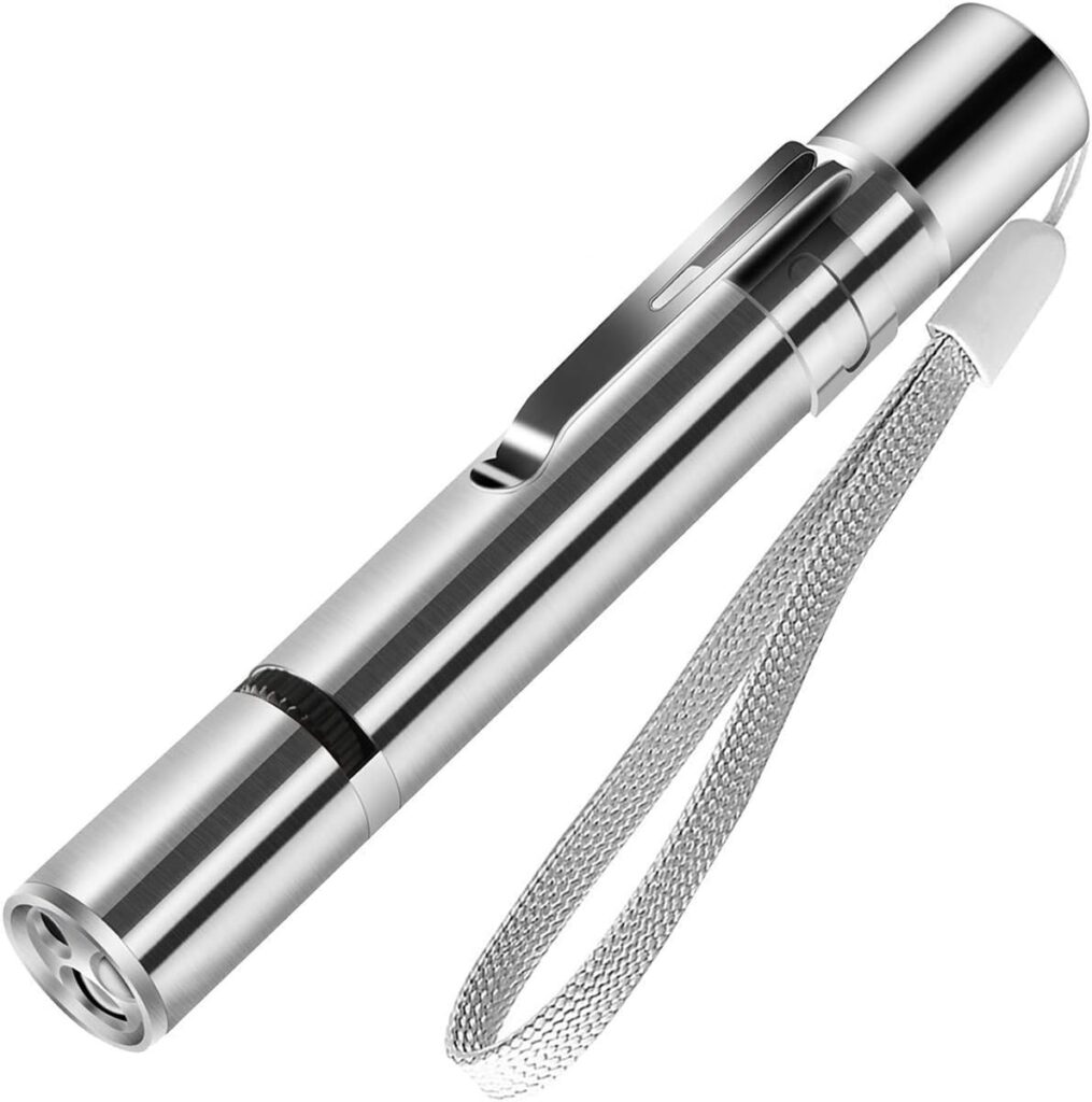 Puntero láser recargable para gatos en acabado plateado con detalles en negro, diseño cilíndrico profesional, correa de muñeca tejida y puerto de carga USB, ideal para juegos y ejercicio felino