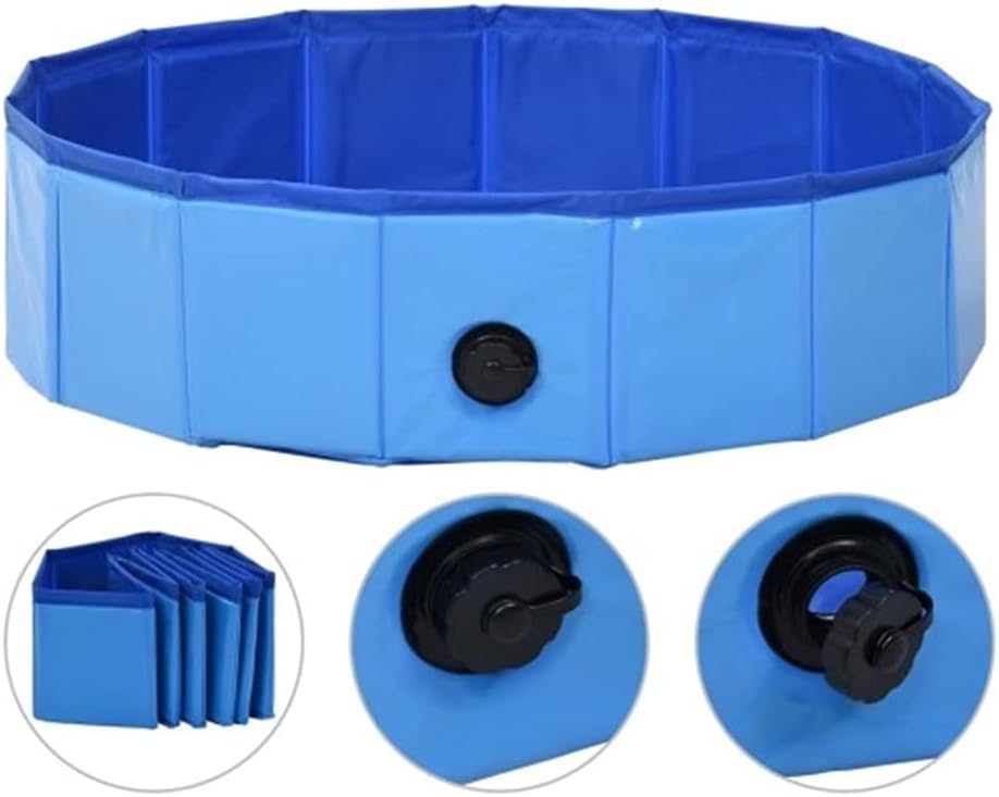 Piscina plegable para perros en color azul, diseño circular con paneles resistentes y válvula de drenaje negra, incluye detalles de plegado compacto, ideal para refrescar a mascotas en verano o para su baño al aire libre